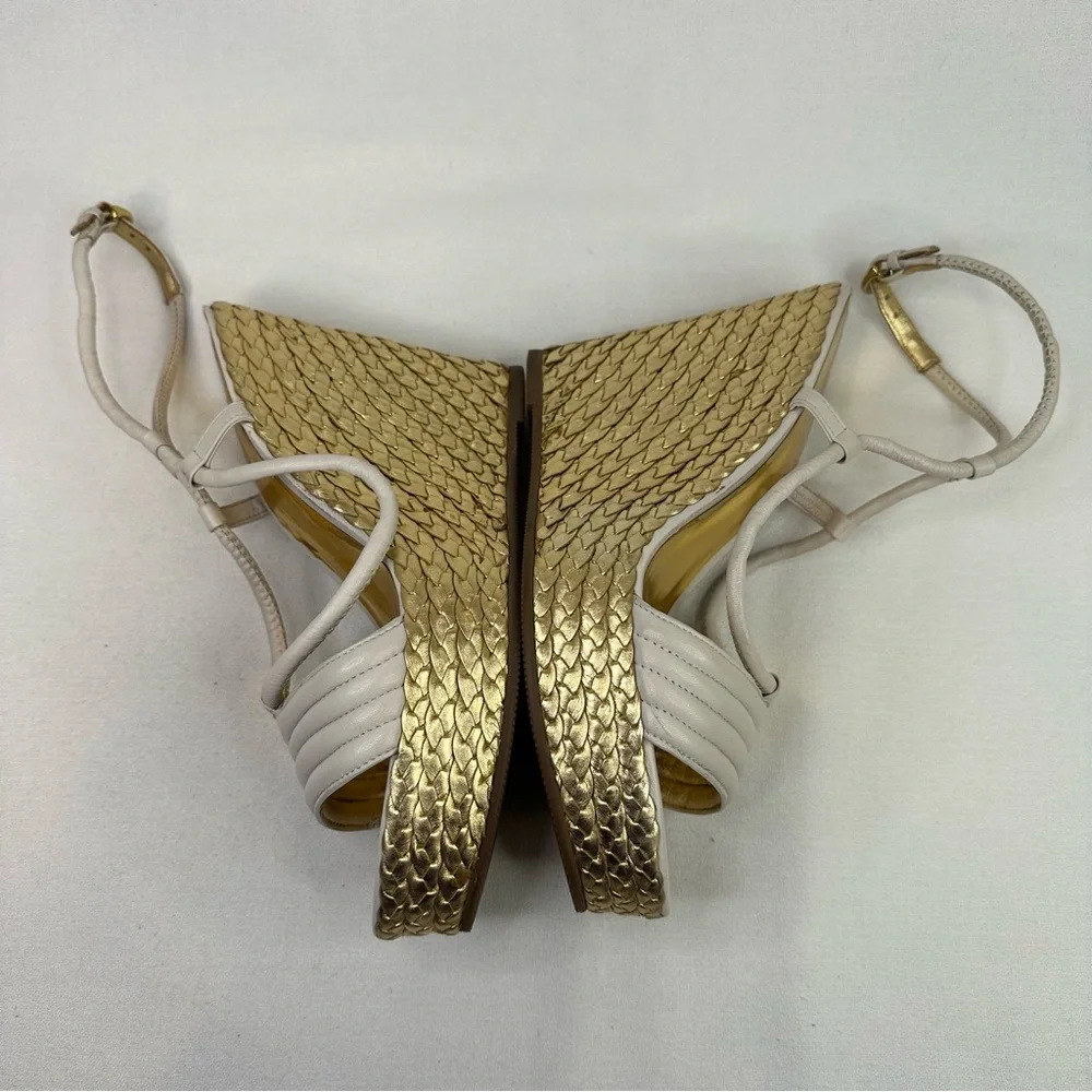 Coach Gold Woven Platform Wedge Sandals Size 8 Cream Leather Strappy